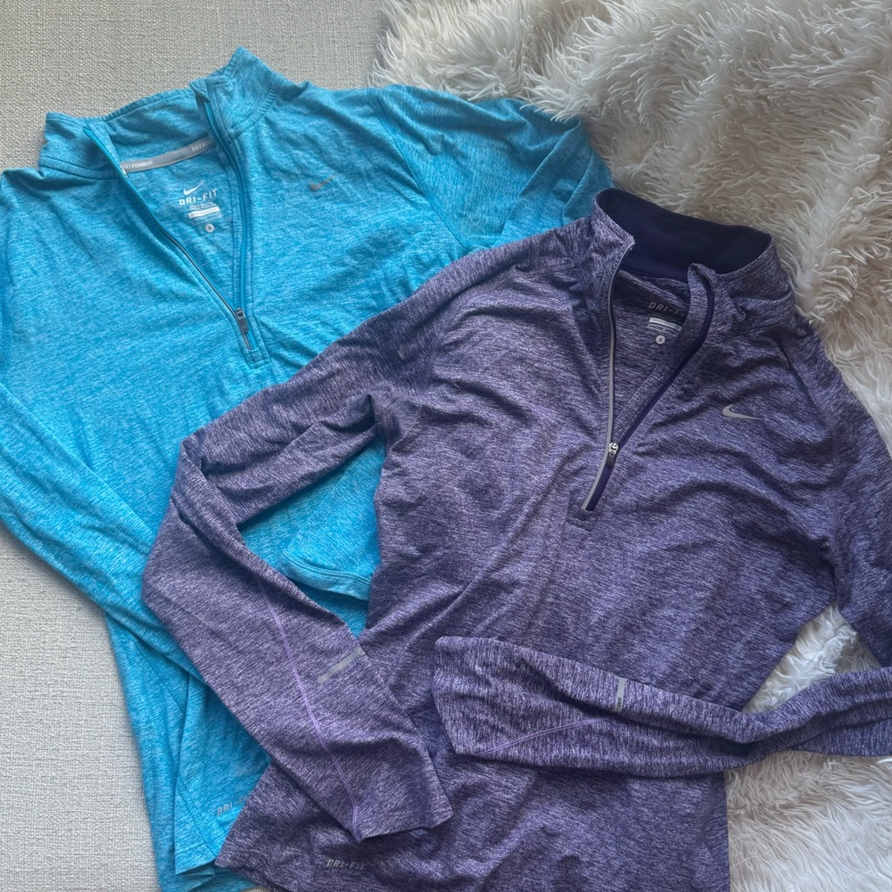 Nike Set of 2 1/4 Zip Long Sleeve Workout Athletic Top, Blue, Purple, Small